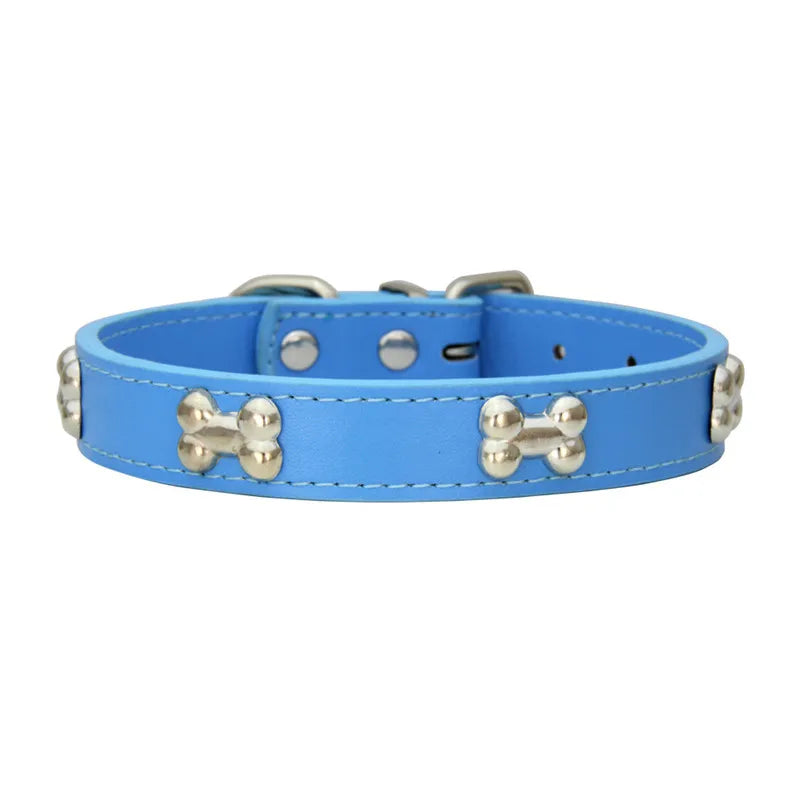 Durable Leather Dog Collar with Bone Design β For Small & Large Breeds