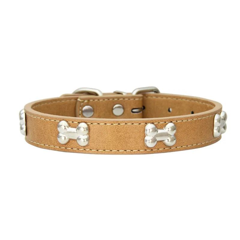 Durable Leather Dog Collar with Bone Design β For Small & Large Breeds