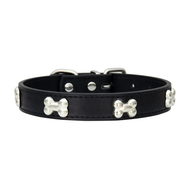 Durable Leather Dog Collar with Bone Design β For Small & Large Breeds