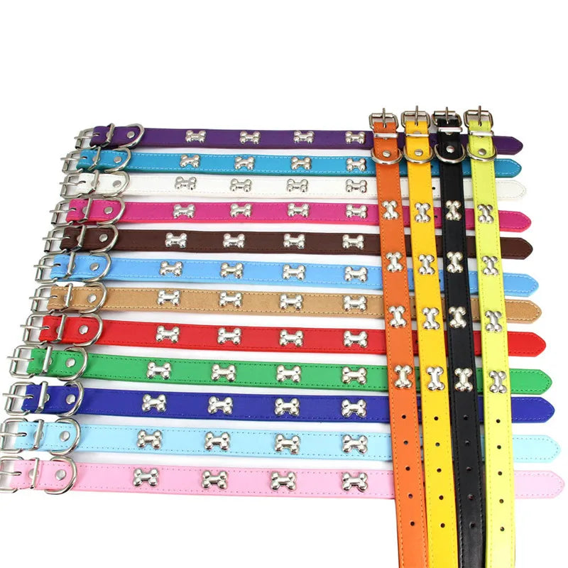 Durable Leather Dog Collar with Bone Design – For Small & Large Breeds