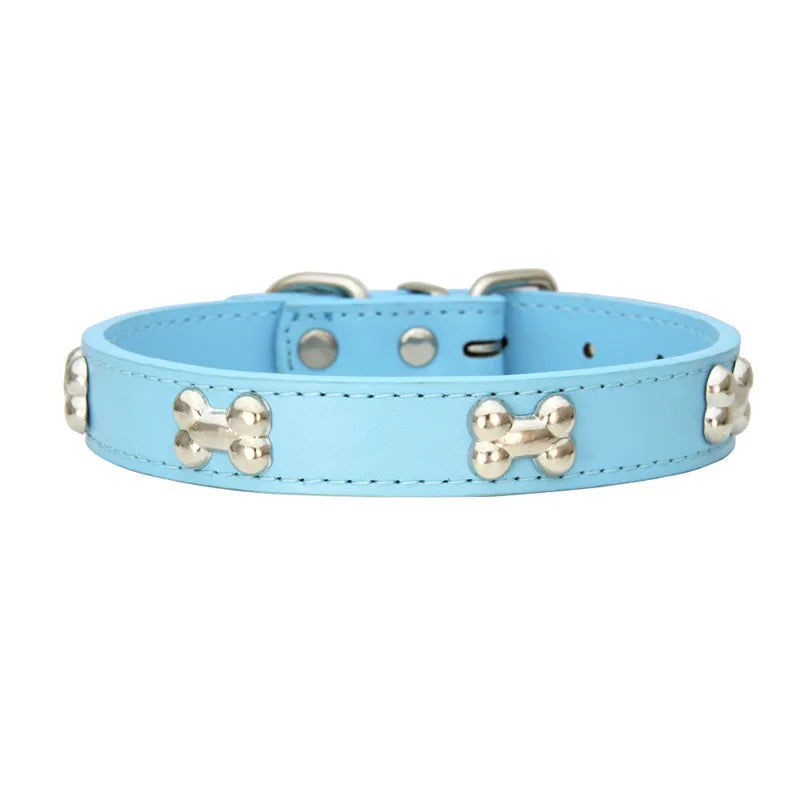 Durable Leather Dog Collar with Bone Design – For Small & Large Breeds