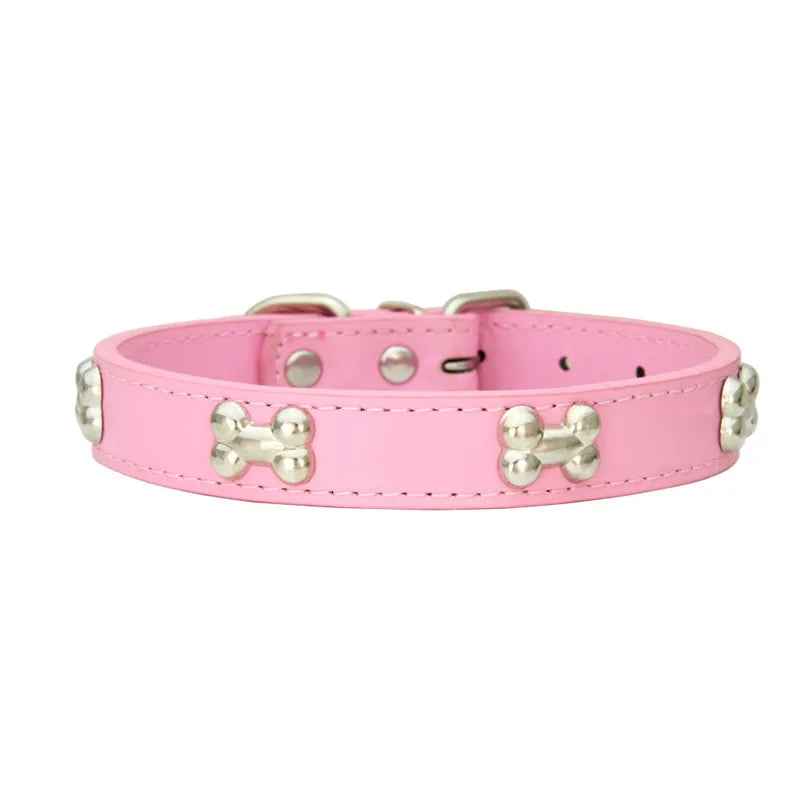 Durable Leather Dog Collar with Bone Design – For Small & Large Breeds