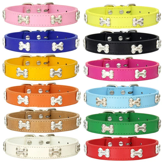 Durable Leather Dog Collar with Bone Design – For Small & Large Breeds