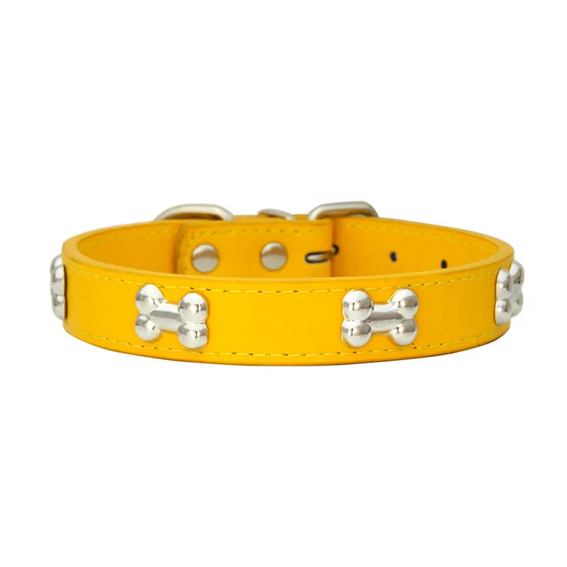 Durable Leather Dog Collar with Bone Design – For Small & Large Breeds