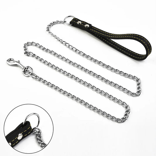Heavy-Duty Metal Dog Leash – Strong Iron Chain with Leather Handle